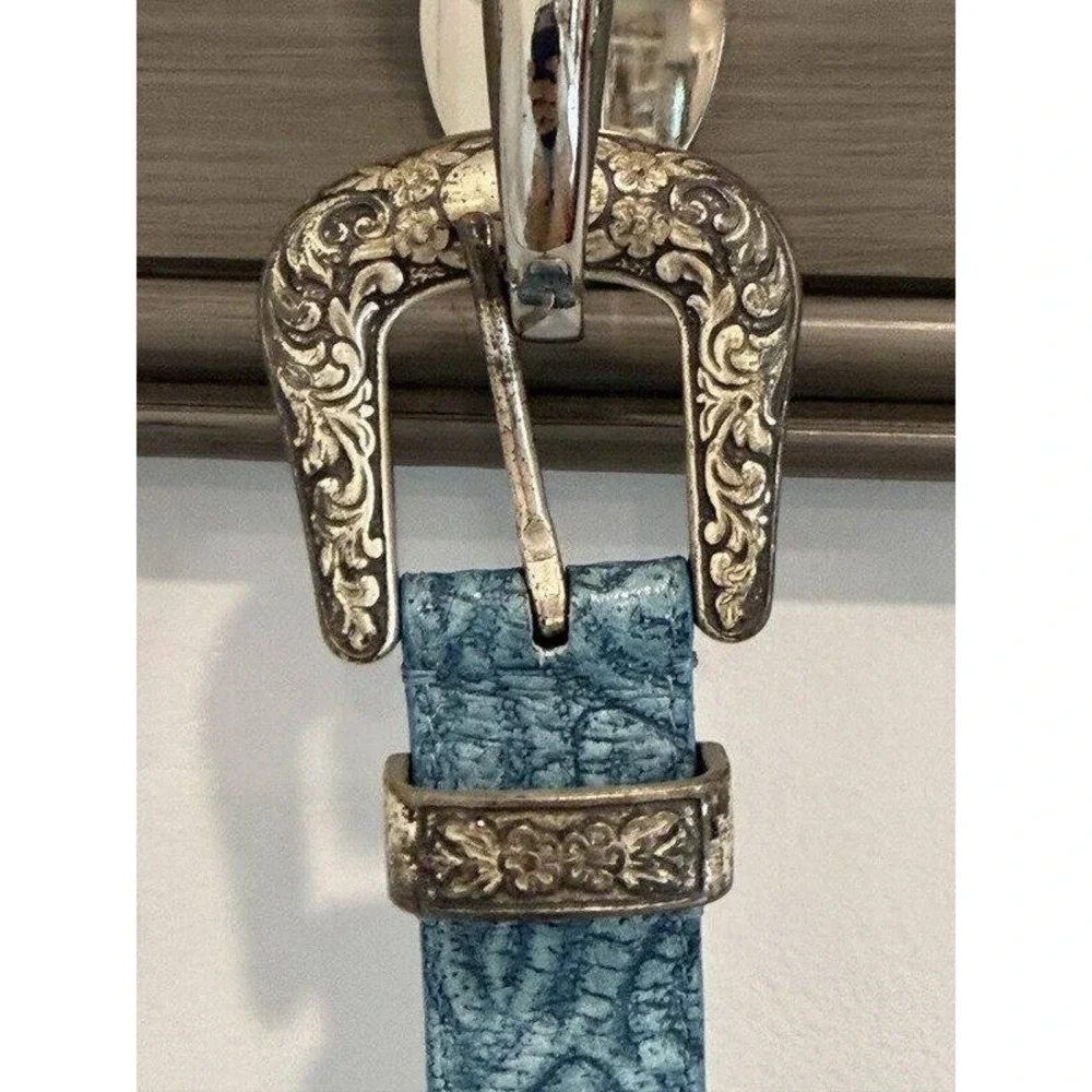 Vtg Nanni Turquoise Blue Patchwork Leather Metallic Belt Brass Buckle Length 40
